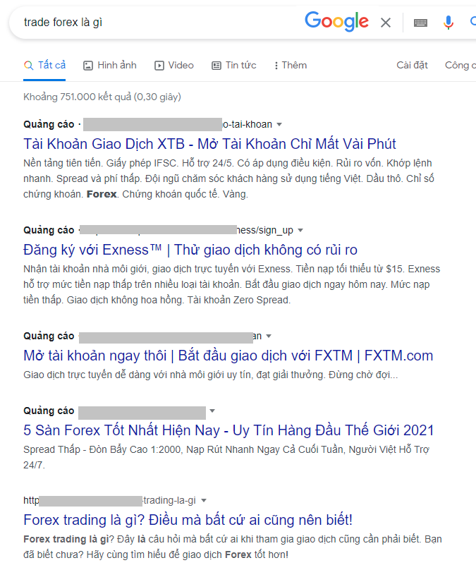 Tìm kiếm khái niệm Trade Forex trên Google
